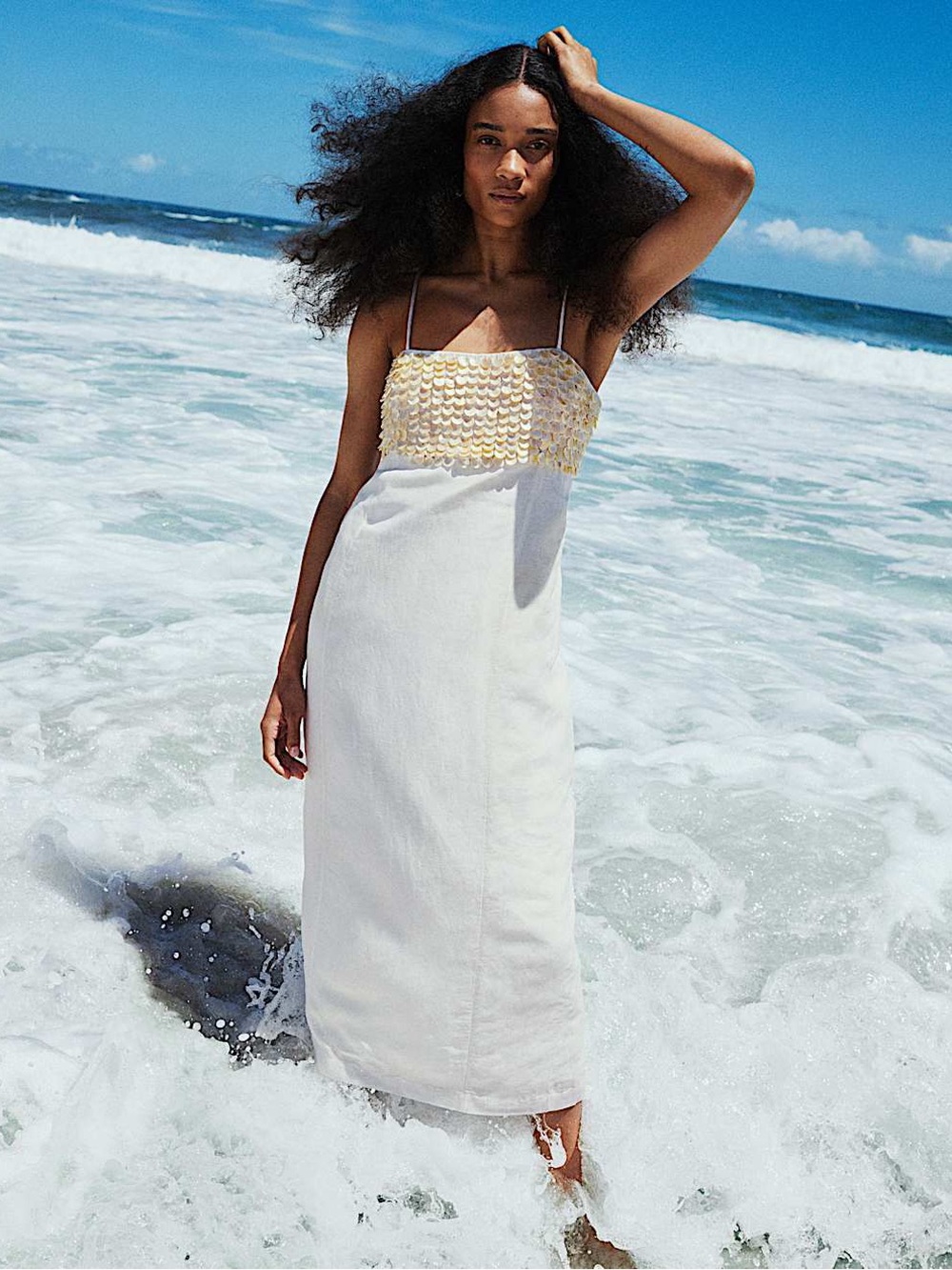 Marks & Spencer Ivory Linen Blend Embellished Maxi Column Dress